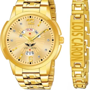 LOIS CARON Gold Plated Analog Day & Date Men’s Watch with Bracelet | Premium Golden Dial Analog Watch - For Men LCS-9164
