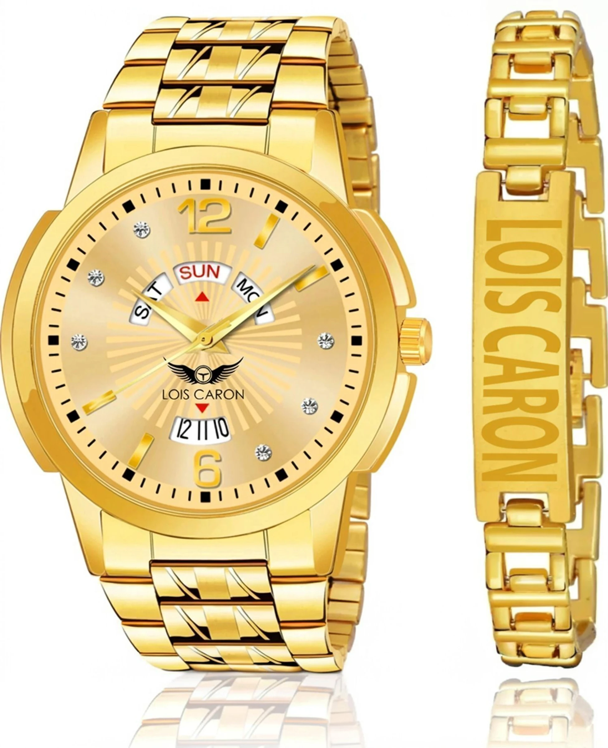 LOIS CARON Gold Plated Analog Day & Date Men’s Watch with Bracelet | Premium Golden Dial Analog Watch - For Men LCS-9164