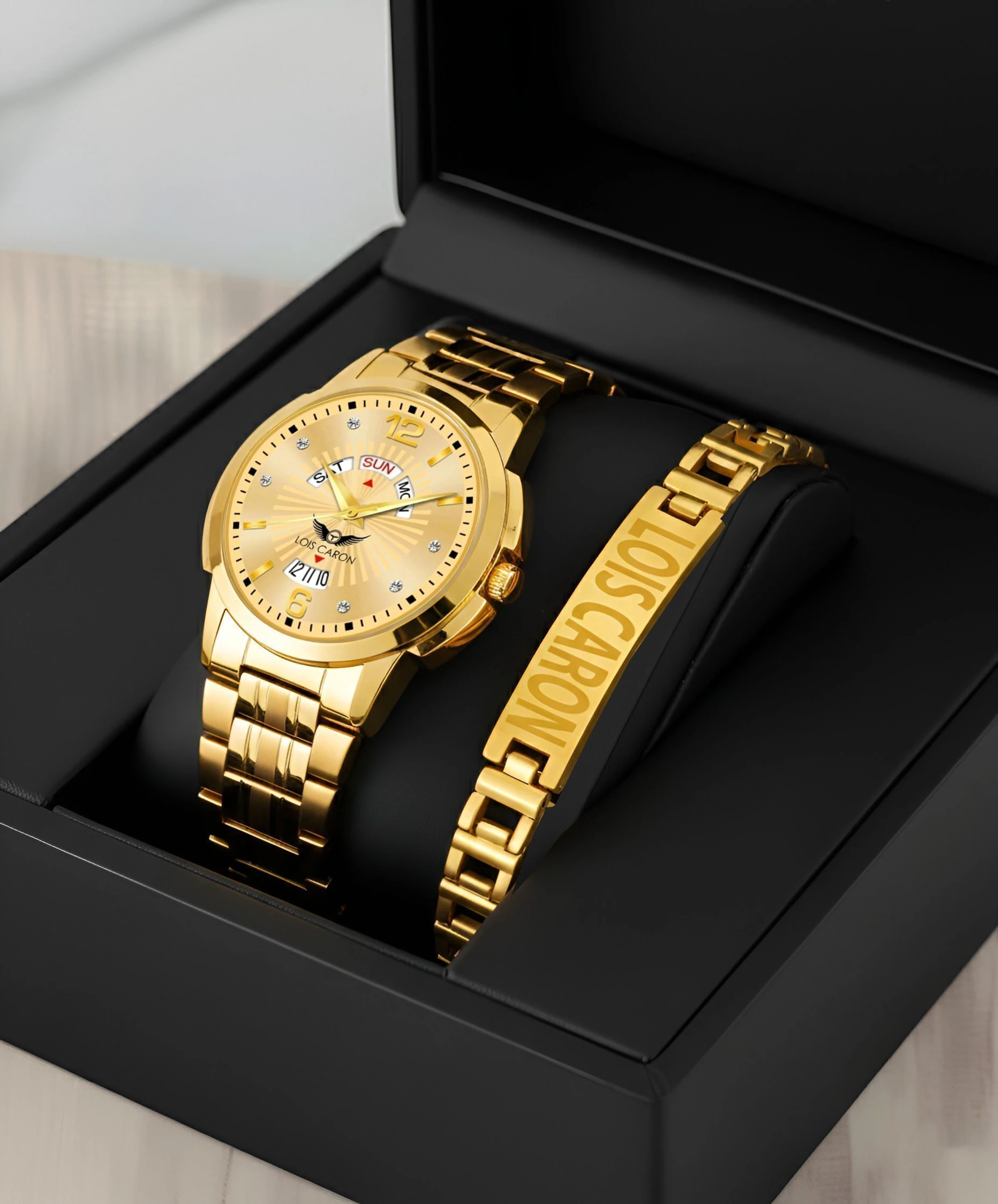 LOIS CARON Gold Plated Analog Day & Date Men’s Watch with Bracelet | Premium Golden Dial Analog Watch - For Men LCS-9164 - Image 3